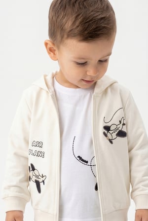 Toontoy Erkek Çocuk 3'lü Eşofman Takımı Uzun Kollu Bisiklet Yaka Nakışlı T-shirt - Kapüşonlu Fermuarlı Hırka- Beli Paçası Lastikli Eşofman Altı 25052
