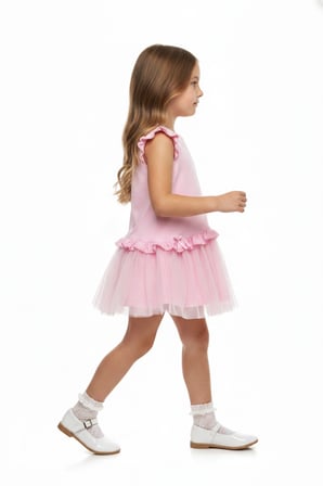 Toontoy Kız Çocuk Regular Fit  Bisiklet Yaka Fırfır kol Fiyonk Detaylı Tüllü Elbise 25047