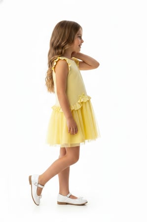Toontoy Kız Çocuk Regular Fit  Bisiklet Yaka Fırfır kol Fiyonk Detaylı Tüllü Elbise 25047