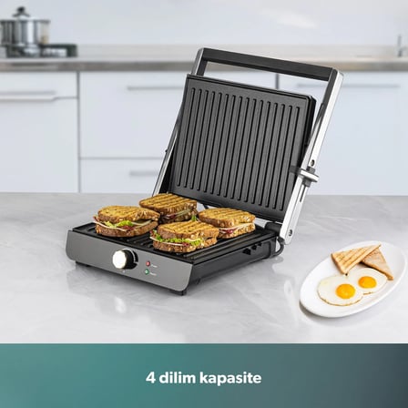 Homend Grilliant 1349H 4 Dilim Kapasiteli Gövdeli Döküm Plakalı Tost ve Izgara Makinesi Inox 2000W