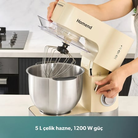 Homend Artfood 3025H Krem Stand Mikser 1200 W Güç, 5,5 lt Kapasite, Paslanmaz Çelik Materyal