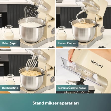 Homend Artfood 3025H Krem Stand Mikser 1200 W Güç, 5,5 lt Kapasite, Paslanmaz Çelik Materyal