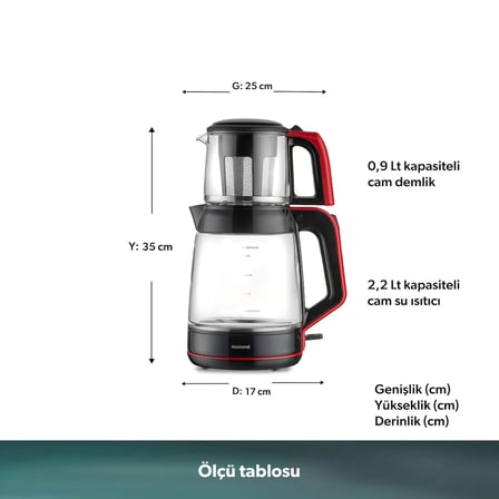 Homend Infinity XL 1764H 2,2 L Cam Çay Makinesi Siyah Kırmızı Hızlı Demleme Teknolojisi