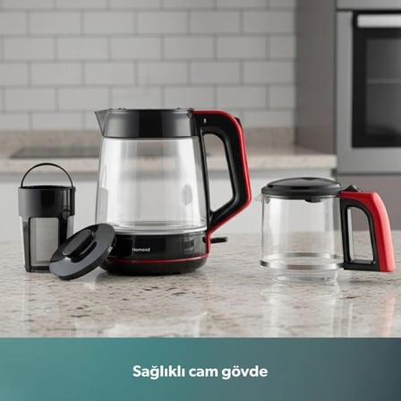 Homend Infinity XL 1764H 2,2 L Cam Çay Makinesi Siyah Kırmızı Hızlı Demleme Teknolojisi