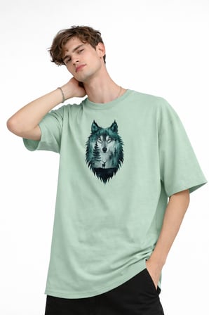 Wolf - Oversize Erkek Tişört SU YESILI