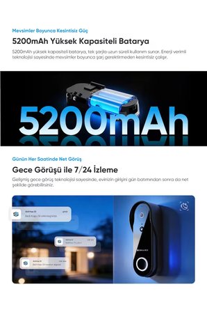 Şımart Akıllı Kapı Zili 4MP Kamera Gece Görüşlü, Mobil Uygulama, IP54 Sertifikalı, Hareket Sensörlü