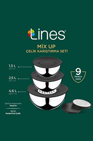 Lines Mix up Paslanmaz Çelik Rendeli Karıştırma Seti 9 parça Inox