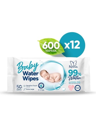 Papilion Baby Water Wipes %99 Saf Su İçeren Kokusuz Bebek Islak Havlu 600 Yaprak 12'li Paket