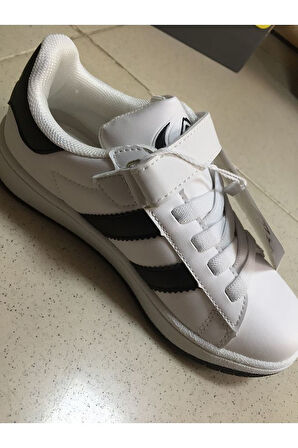 Cool Cooper Çocuk Bantlı Cilt Sneaker Spor Ayakkabı Beyaz - Siyah