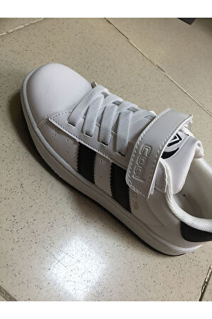 Cool Cooper Çocuk Bantlı Cilt Sneaker Spor Ayakkabı Beyaz - Siyah
