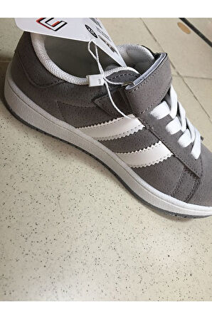 Cool Cooper Çocuk Bantlı Cilt Sneaker Spor Ayakkabı Nubuk Gri