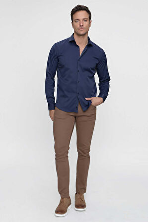 Erkek Lacivert Slim Fit Dar Kesim Düz Sert Yaka Uzun Kollu Gömlek