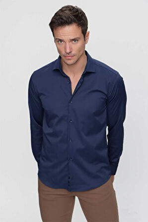 Erkek Lacivert Slim Fit Dar Kesim Düz Sert Yaka Uzun Kollu Gömlek