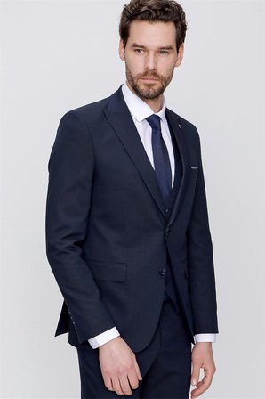 Morven Erkek Lacivert Martin Yelekli Jakarlı Slim Fit Dar Kesim 6 Drop Takım Elbise