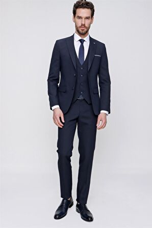 Morven Erkek Lacivert Martin Yelekli Jakarlı Slim Fit Dar Kesim 6 Drop Takım Elbise