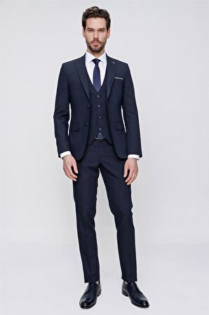 Morven Erkek Lacivert Martin Yelekli Jakarlı Slim Fit Dar Kesim 6 Drop Takım Elbise