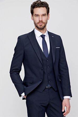 Morven Erkek Lacivert Martin Yelekli Jakarlı Slim Fit Dar Kesim 6 Drop Takım Elbise