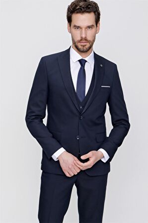 Morven Erkek Lacivert Martin Yelekli Jakarlı Slim Fit Dar Kesim 6 Drop Takım Elbise