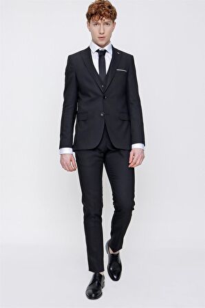 Morven Erkek Siyah Martin Yelekli Jakarlı Slim Fit Dar Kesim 6 Drop Takım Elbise