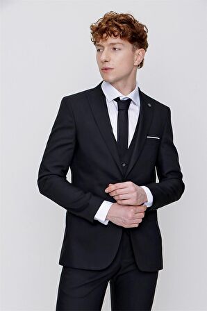 Morven Erkek Siyah Martin Yelekli Jakarlı Slim Fit Dar Kesim 6 Drop Takım Elbise