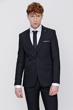 Morven Erkek Siyah Martin Yelekli Jakarlı Slim Fit Dar Kesim 6 Drop Takım Elbise