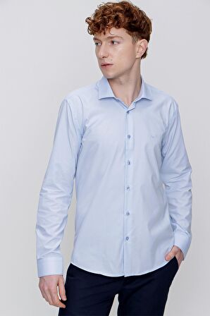  Erkek Buz Mavisi Basic Düz Slim Fit Dar Kesim Gömlek