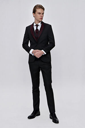  Erkek Siyah Santos Çıkma Yaka Slim Fit  Damatlık