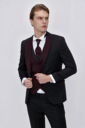  Erkek Siyah Santos Çıkma Yaka Slim Fit  Damatlık