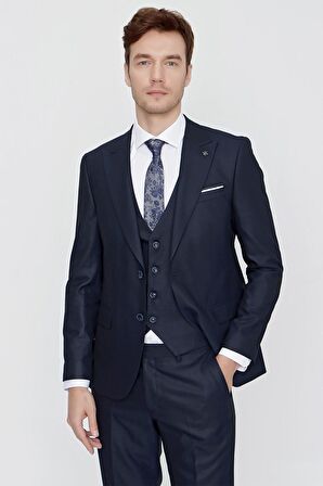  Erkek Saks Mavisi Slim Fit Dar Kesim Yelekli Jakarlı Takım Elbise