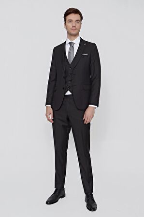  Erkek Siyah Oscar Çizgili Yelekli Slim Fit Dar Kesim 6 Drıop Takım Elbise