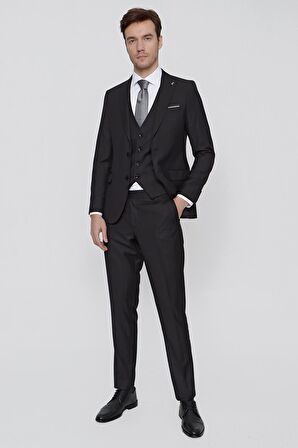  Erkek Siyah Oscar Çizgili Yelekli Slim Fit Dar Kesim 6 Drıop Takım Elbise