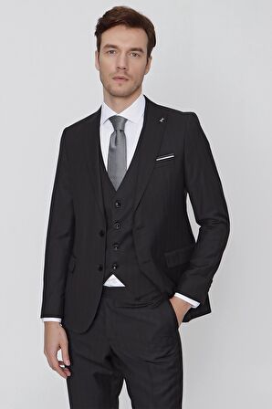  Erkek Siyah Oscar Çizgili Yelekli Slim Fit Dar Kesim 6 Drıop Takım Elbise