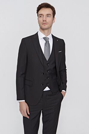  Erkek Siyah Oscar Çizgili Yelekli Slim Fit Dar Kesim 6 Drıop Takım Elbise