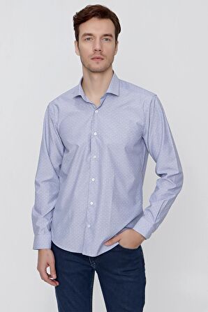  Erkek Mavi Saldera Desenli Slim Fit  Dar Kesim Gömlek