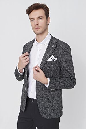  Erkek Siyah Avrasya Ekose Örme  Slim Fit Dar Kesim Ceket