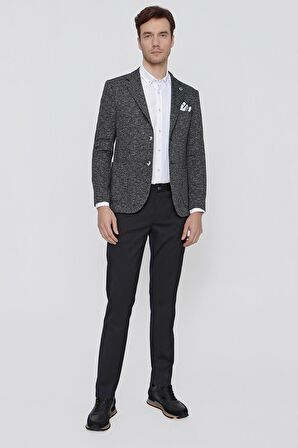  Erkek Siyah Avrasya Ekose Örme  Slim Fit Dar Kesim Ceket