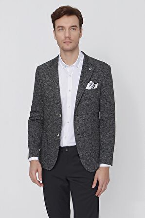  Erkek Siyah Avrasya Ekose Örme  Slim Fit Dar Kesim Ceket