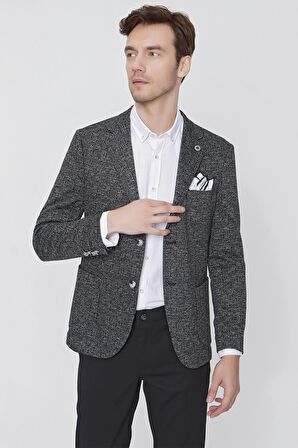  Erkek Siyah Avrasya Ekose Örme  Slim Fit Dar Kesim Ceket