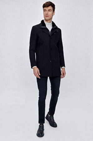  Erkek A-Lacivert Diagonel Desen Kürklü Dynamic Fit Rahat Kalıp Çıkma Yaka Kaban