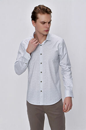  Erkek Yeşil Micro Lycra Baskılı Slim Fit Gömlek