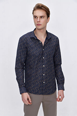  Erkek Lacivert Microcotton Baskılı Slim Fit Gömlek