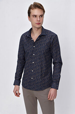  Erkek Lacivert Microcotton Baskılı Slim Fit Gömlek