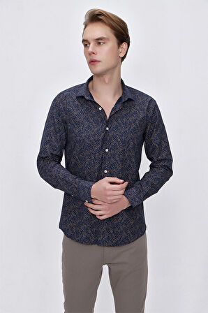  Erkek Lacivert Microcotton Baskılı Slim Fit Gömlek
