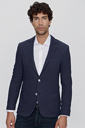  Erkek Lacivert Örme Çizgili Slim Fit Dar Kesim Torba Cep Ceket