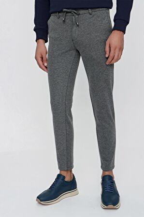  Erkek Gri Miami Örme Slim Fit Dar Kesim Beli Lastikli ve Bağcıklı Spor Pantolon