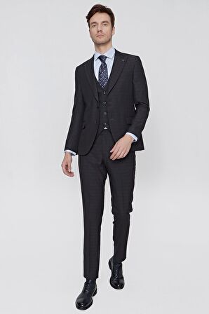  Erkek Siyah Korrando Kareli Yelekli Slim Fit Dar Kesim Takım Elbise