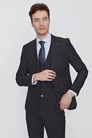  Erkek Siyah Korrando Kareli Yelekli Slim Fit Dar Kesim Takım Elbise