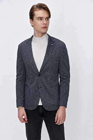  Erkek Lacivert Avrasya Desenli Örme Slim Fit Dar Kesim 6 Drop Ceket