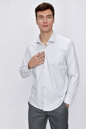  Erkek Kremrengi Saten Lycra Slim Fit Dar Kesim Gömlek
