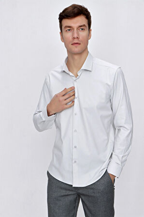  Erkek Kremrengi Saten Lycra Slim Fit Dar Kesim Gömlek